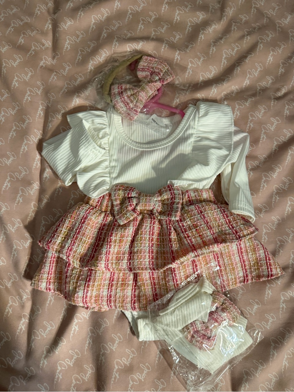 Girls White Ruffled Top with Pink Tweed Skirt Set. With headband and long socks!